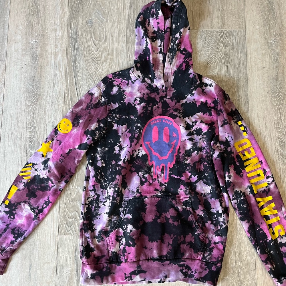 Goat Fam Pink and Black Tie-Dye Hoodie with Smiley Face